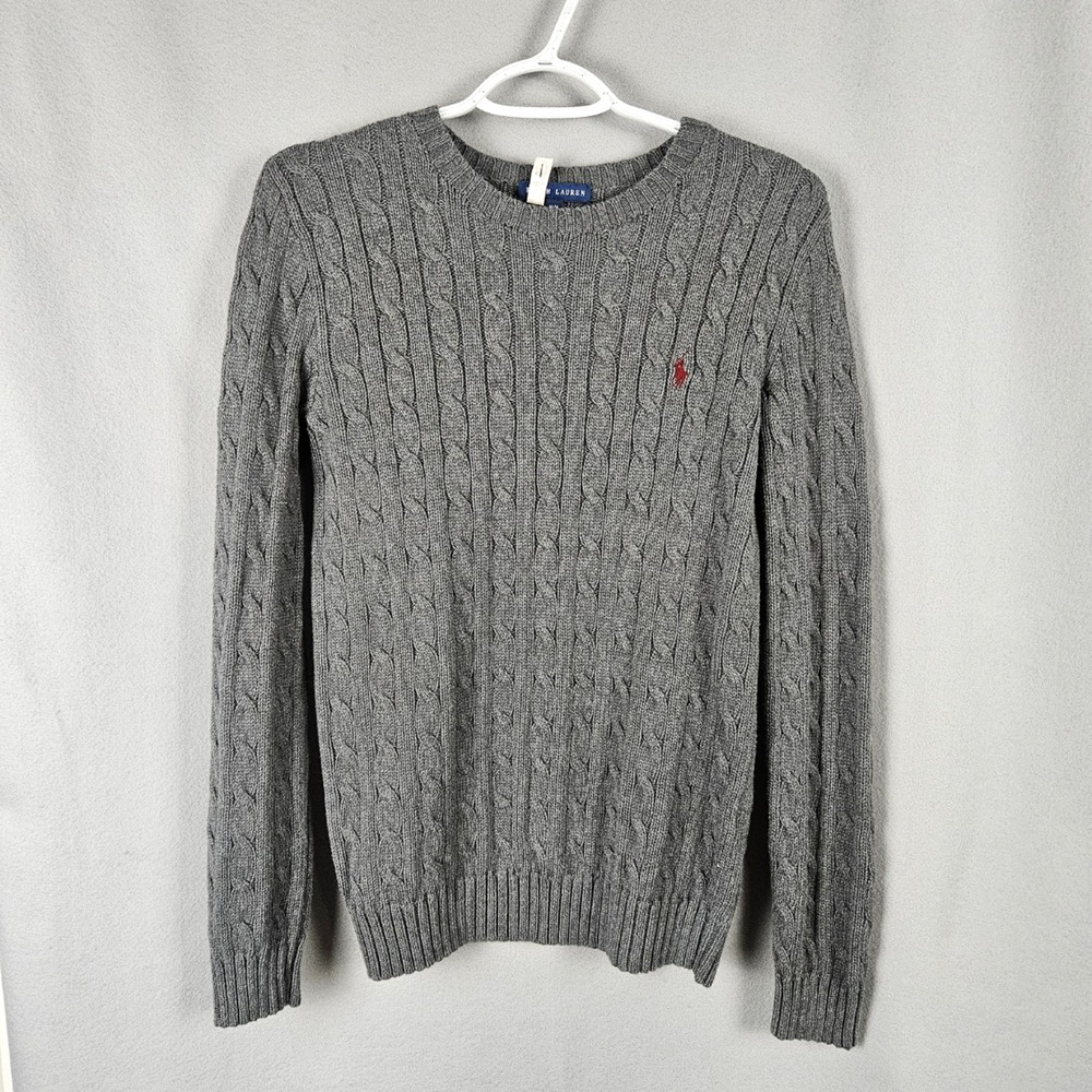 Ralph Lauren Cable Knit Sweater Womens M Dark Gray 100% Cotton Pullover Crew